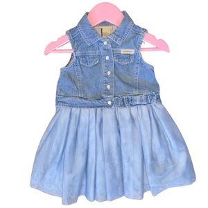 CALVIN KLEIN Denim Bodice Dress Lined Tulle Pearlescent Snaps Bow Trim Size 2T